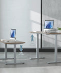 Stylish Grey Dual Motor Electric Standing Desk Frame With Built In Usb A Plus C Charging Ports Smooth Height Adjustable Sit Stand Base Sturdy Steel Legs For Home Office Workstation Setup Super Easy To Assemble displayed in max 51.5in height and min 25.9in height.