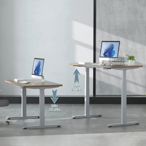 Stylish Grey Dual Motor Electric Standing Desk Frame With Built In Usb A Plus C Charging Ports Smooth Height Adjustable Sit Stand Base Sturdy Steel Legs For Home Office Workstation Setup Super Easy To Assemble displayed in max 51.5in height and min 25.9in height.