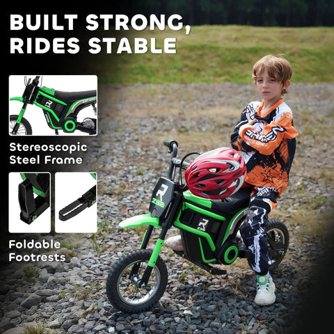 Electric Dirt Bike For Teens 13 Plus 24V 350W Off Road Motorcycle With Twist Grip Throttle Rear Suspension Up To 15 MPH Brake Music Horn Green Great For Outdoor Fun And Easy Assembly