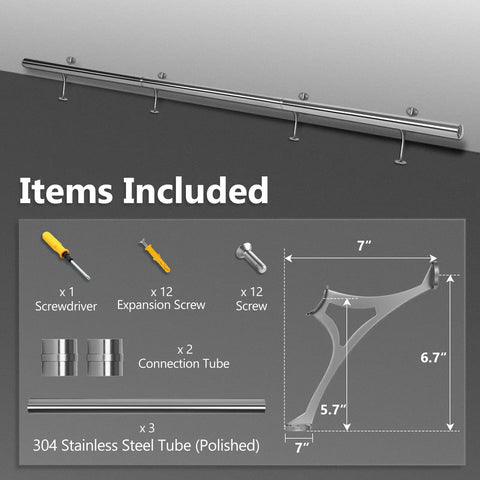 Stainless Steel Bar Foot Rail Kit 8Ft Premium 304 Tubes With Polished Finish And Brushed Brackets items included in box.
