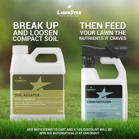 Liquid Lawn Aerator That Loosens Stubborn Soil, Improves Water Penetration And Drainage, Boosts Soil Oxygenation, A No Fuss Easy To Use Alternative To Core And Mechanical Aeration, American Made 32 Ounce shown with fertilizer.