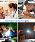 5 Pack LED Penlight Set With 10 Preinstalled Batteries, Aluminum Clip Flashlights shown for various uses like medical check, repairing, reading, and night walk.