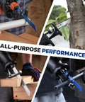 WORKPRO 32-Piece Reciprocating Saw Blade Set with organizer pouch; collage shows metal and woodcutting blades in use.