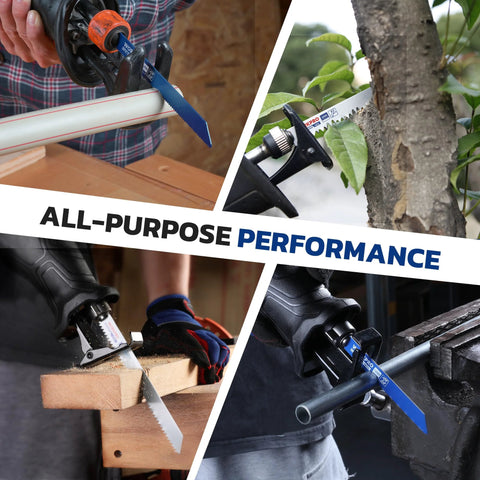 WORKPRO 32-Piece Reciprocating Saw Blade Set with organizer pouch; collage shows metal and woodcutting blades in use.