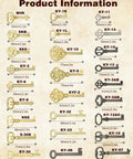Product information chart for 26 Key Universal Skeleton Key Set For Antique Dresser Cabinets And Old Timey Style Furniture Replacement Keys.