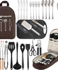 All-In-One Must-Have Camping Cookware Set 30-Piece Kitchen Tools For Outdoor Adventures, Portable Stainless Steel And Silicone Utensils, Camp Kitchen Essentials For RV, Picnic, Grill And Overland Trips, including tools and carrying bag