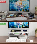 Clear Acrylic Monitor Stand Riser 2 Tier Up To 5.12 Inches High For Laptop And PC Desk Organizer Space Saving Multimedia Shelf To Elevate Screen Cut Eye Strain And Boost Posture For Your Setup shown installed on a desk