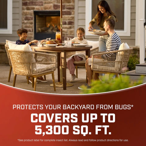 Family enjoying a meal on the patio, highlighting coverage area of 5,300 sq ft for Backyard Mosquito And Bug Killer Ready To Spray