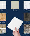 Boss Grade Microfiber Sealer Applicator Pad Set Real Workhorse Tool For Spreading Sealant On Marble Granite Concrete Ceramic And Slate Surfaces Washable Floor Prep Sponge White 12 Pack shown with various stone surfaces.