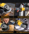 Cordless Angle Grinder 4-1/2 Inch 11000 RPM Brushless Motor Fits 20V Max Batteries shown cutting and polishing various materials.