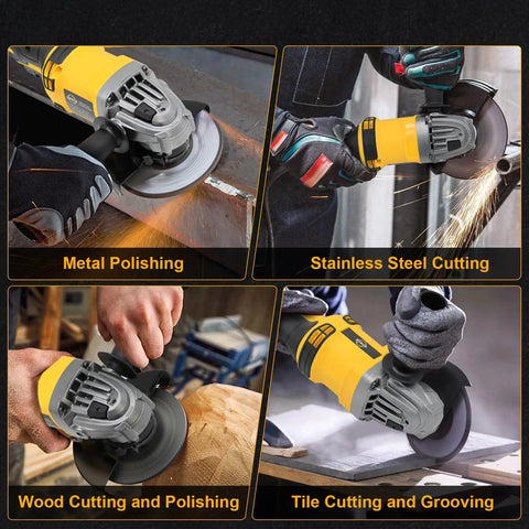 Cordless Angle Grinder 4-1/2 Inch 11000 RPM Brushless Motor Fits 20V Max Batteries shown cutting and polishing various materials.
