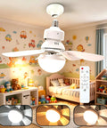 52cm ceiling fan with light, E27 bulb socket in children's room, featuring adjustable LED light colors and remote control.