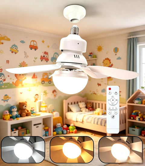 52cm ceiling fan with light, E27 bulb socket in children's room, featuring adjustable LED light colors and remote control.