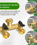 Solid Brass Two Way Hose Splitter With 360 Degree Swivel Outlets And Three Quarter Inch GHT Connection For Garden Use Rust Resistant Freeze Proof Easy To Attach To Standard Faucets Built To Last. brass hose splitter shown with 360° swivel inlet and two outlets