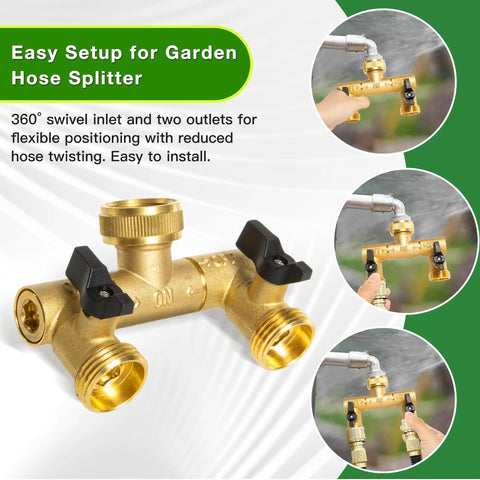 Solid Brass Two Way Hose Splitter With 360 Degree Swivel Outlets And Three Quarter Inch GHT Connection For Garden Use Rust Resistant Freeze Proof Easy To Attach To Standard Faucets Built To Last. brass hose splitter shown with 360° swivel inlet and two outlets