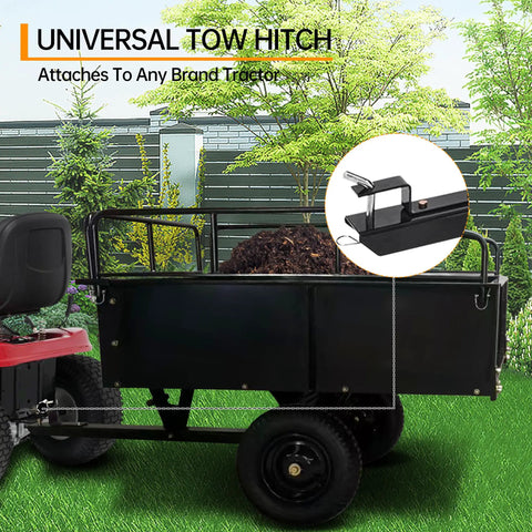 Heavy Duty ATV UTV Dump Trailer Built Tough With 750 Pound Capacity Steel Utility Cart shown hitched to tractor
