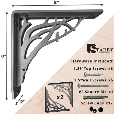 Angel Oak Heavy Duty Shelf Bracket Kit 8 By 8 Inches Set Of Two Metal Shelving Brackets For Wood Shelves Decorative Countertop Corbel And Mantel Mounting Support With Cast Iron Finish Holds Over 500 Lbs Per Pair, showing bracket design and included hardware.