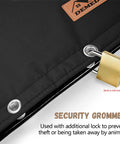 Close-up of black insulated backflow preventer cover with security grommet and lock, 24x24 inches, waterproof fabric.