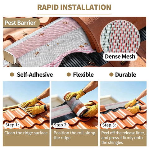 Heavy Duty Self Adhesive Ridge Vent Mesh Roll 12 X 98.4 Inches being installed on roof ridge for moisture control.