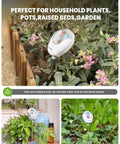 Soil Moisture Meter For Plants For Plant Parents in garden bed, 10mm probe and 90 degree dial visible near flowers.