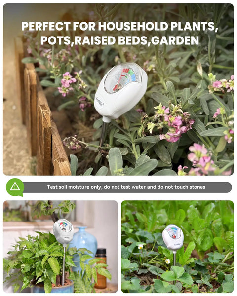 Soil Moisture Meter For Plants For Plant Parents in garden bed, 10mm probe and 90 degree dial visible near flowers.