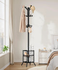 Freestanding Coat Rack With Umbrella Holder And 12 Metal Hooks Three Tier Tree Coat Stand in bedroom with beige decor