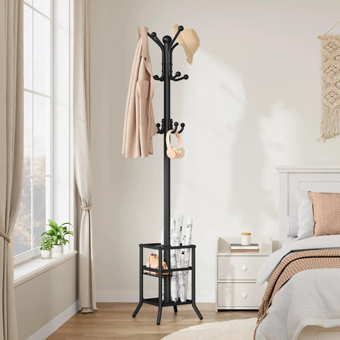 Freestanding Coat Rack With Umbrella Holder And 12 Metal Hooks Three Tier Tree Coat Stand in bedroom with beige decor