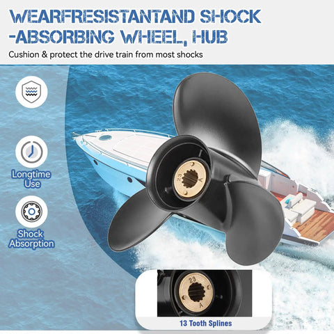 Ten And One Half By Thirteen Inch Aluminum Outboard Propeller For Mercury Outboard Engines 30 To 70HP Right Hand Three Blade Spline 13 Bolt On OEM Upgrade Black Vacuum Cast Five Layer Surface Finish Ref 48 73136A45