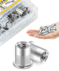 Solid 50 Pack 3/8 304 Stainless Steel Rivet Nuts tough as nails threaded inserts and knurled grip in a container.