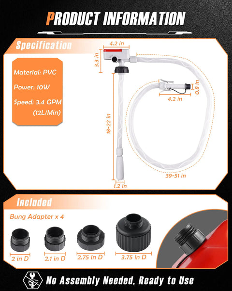 Battery Powered Gas Can Pump For Quick Fuel Transfers, Electric Siphon Pump With Auto Stop At 3.4 GPM, Spill Free No Mess Way To Move Gas, Diesel, Water From 5 Gal Can, No Assembly Needed.