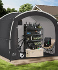 Outdoor Bike Storage Shed Tent With Waterproof Shelter For Bicycles showing open tent, bikes, shelves, gear storage, black