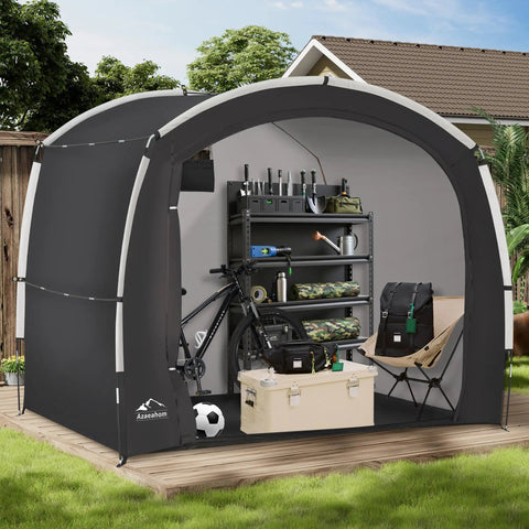 Outdoor Bike Storage Shed Tent With Waterproof Shelter For Bicycles showing open tent, bikes, shelves, gear storage, black