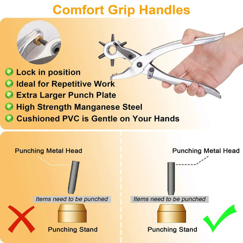 Pro Grade Leather Hole Punch Set For Belts Watch Bands Straps Dog Collars Saddles Shoes Fabric And DIY Projects 9 Inch Handy Punch Tool For Leather Craft And Home Builds shown with comfort grip handles and features list