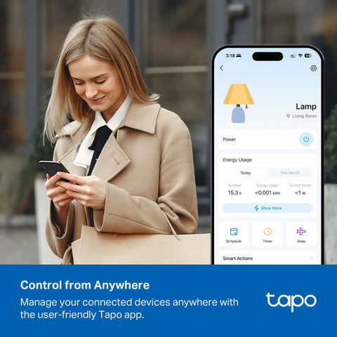 Woman managing Matter Compatible Smart WiFi Power Strip Offering Individual Outlet Control And Live Energy Tracking with smartphone.