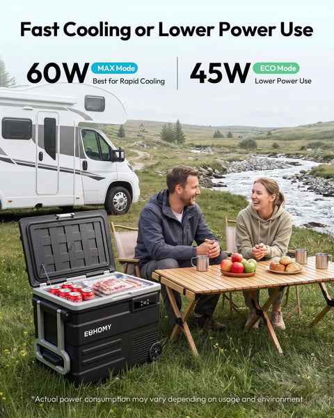 Smart 12V Car Fridge 59 Quarts With App Control And LCD Panel sitting outdoors with food and drinks by a stream.