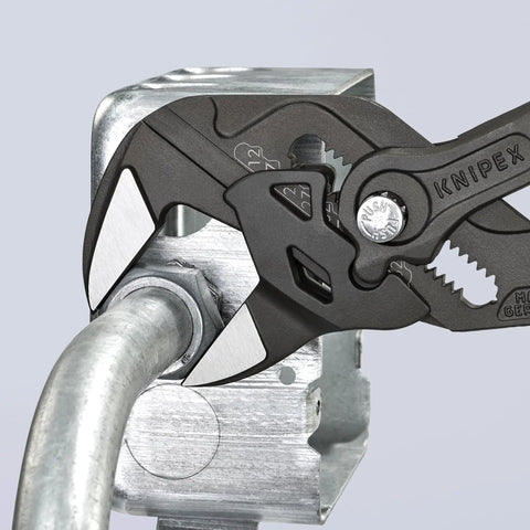 Three Piece Black Pliers Wrench Set Built For Quick Grips And Turning The All In One Tool in use on a metal fitting