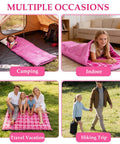 All Season Kids Sleeping Bag For Girls And Boys shown in camping, indoor, travel, and hiking settings, Cozy Flannel Pink
