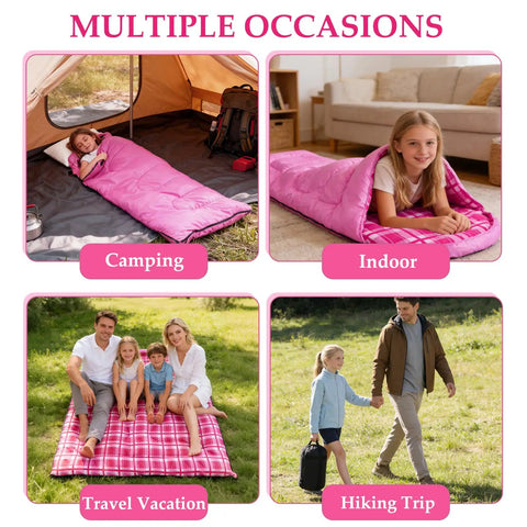 All Season Kids Sleeping Bag For Girls And Boys shown in camping, indoor, travel, and hiking settings, Cozy Flannel Pink