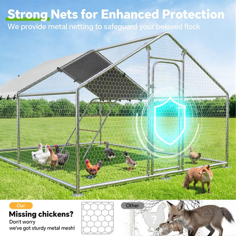Heavy Duty Metal Chicken Coop With Waterproof UV Resistant Cover And Perch Walk In Outdoor Run For Yard Or Farm Built To Last Large 9.8 Ft L x 13.2 Ft W x 6.4 Ft H Spire Roof Galvanized Steel Frame Keeps Chickens Safe From Rain Wind And Predators