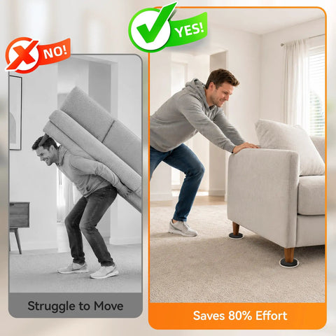 Comparison of using Heavy Duty Furniture Sliders Reusable Plastic Floor Protectors For Carpet Hardwood; easy sliding vs struggling.