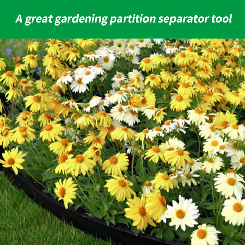 40 Foot Flexible Plastic Garden Edge Roll With 40 Spikes Two Inch Tall No Dig Landscape Border around yellow flowers