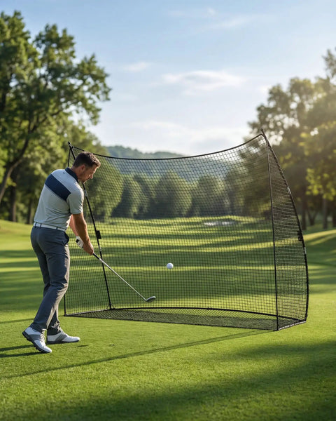 Golfer using Heavy Duty Golf Practice Net 10x7 Feet With Sturdy Frame And Quick Setup Portable Hitting Net in outdoor setting