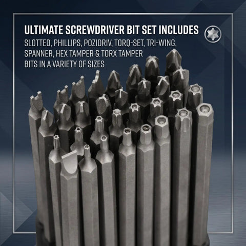 Heavy Duty Long Screwdriver Bit Set Contains Thirty Two Six Inch Reach Drivers With Quarter Inch Hex Shanks Forged From Tough S2 Steel, showing a variety of bits.