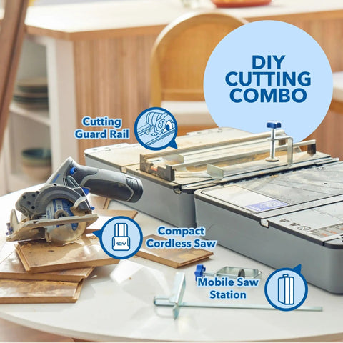 Portable Saw Station Kit With 12V Brushless Compact Circular Saw And Multi Purpose Cutting Case on a table for DIY projects