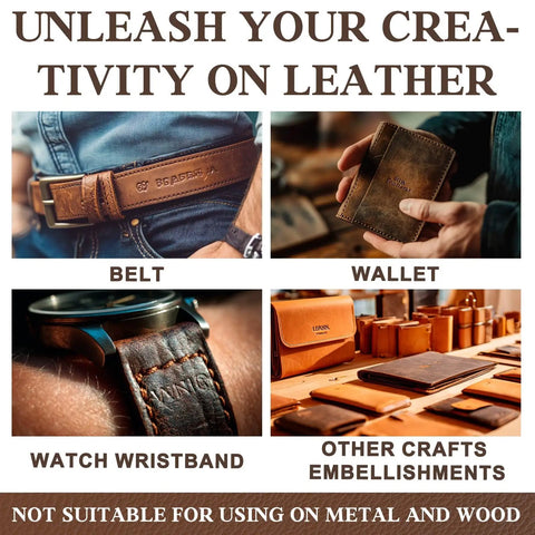 Leather Stamping Kit With 26 Capital Letter Stamps And 1 Stamping Handle For Leather Craft Industrial Grade Alloy Steel Tools Set 6mm Stamps Pro Grade For Personalizing Wallets Belts And More shown on belt, wallet, watch wristband, crafts