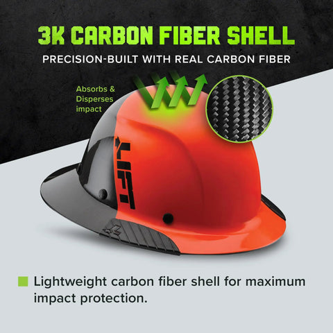 Carbon Fiber Full Brim Hard Hat With Reinforced Shell, orange and black helmet showcasing carbon fiber shell details