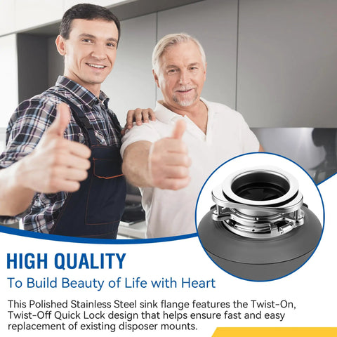 Two men giving thumbs up in a kitchen with Heavy Duty Twist Lock Garbage Disposal Flange Kit designed for hassle-free replacement.