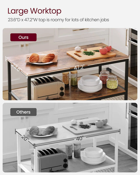 Large worktop of Industrial Kitchen Island Featuring Three Tier Storage And Generous Worktop, 47.2W x 23.6D for kitchen tasks.