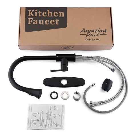 Unboxed Matte Black Kitchen Faucet With Pull Down Sprayer Stainless Steel Sink Faucet Single Handle 1.8 GPM parts displayed