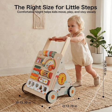 Totally Awesome Wooden Baby Walker And Activity Center With A Pretty Sweet 10 In 1 Sensory Play Console And Built In Tunes for toddlers.